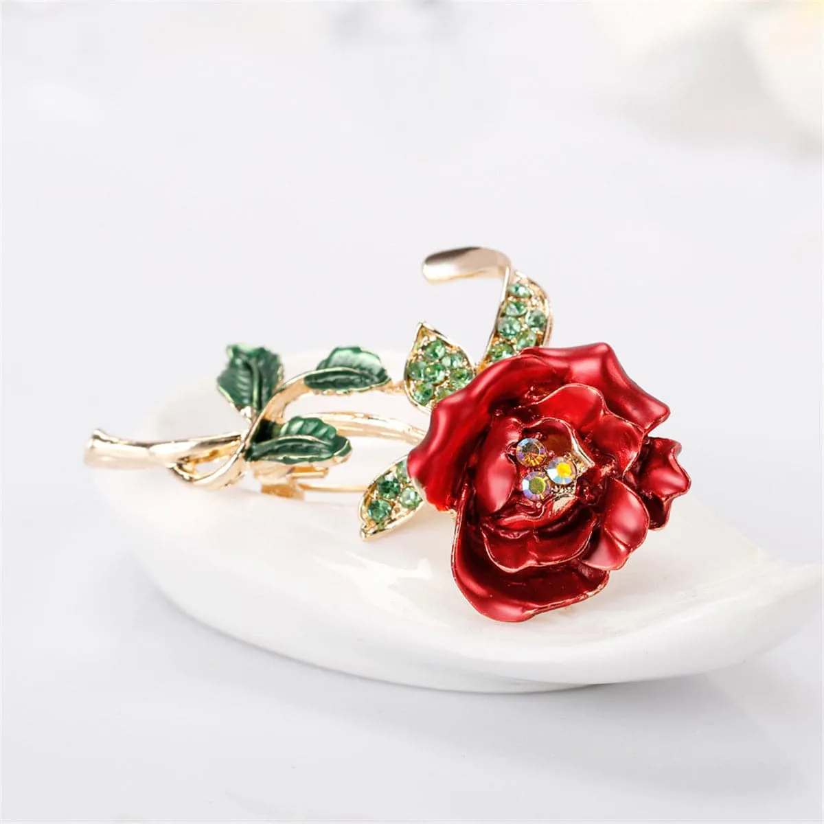 Red Cubic Zirconia & 18K Gold-Plated Rose Brooch