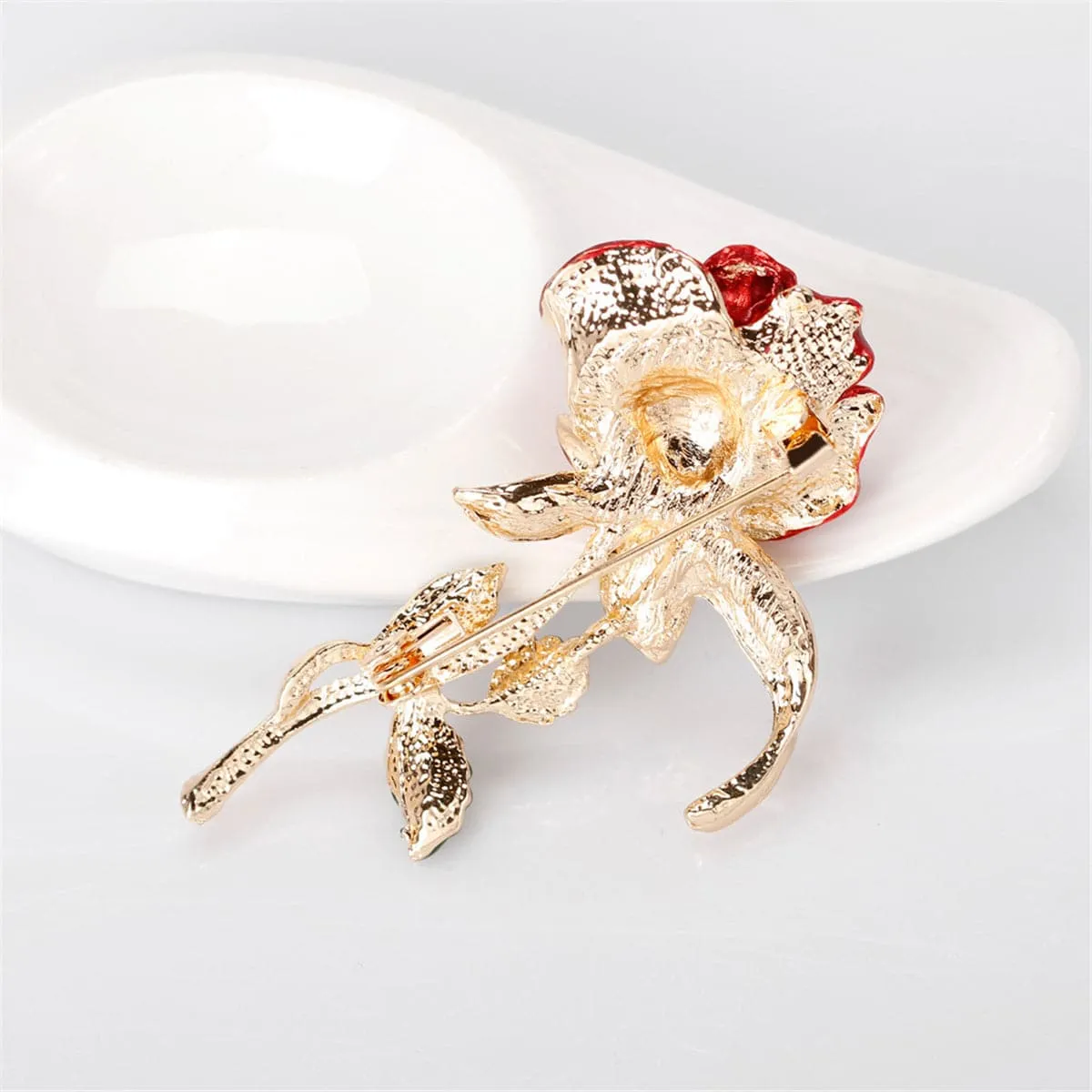 Red Cubic Zirconia & 18K Gold-Plated Rose Brooch