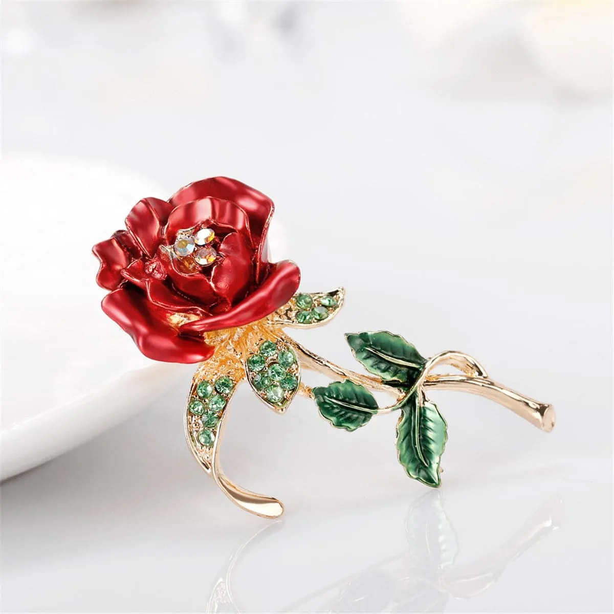 Red Cubic Zirconia & 18K Gold-Plated Rose Brooch