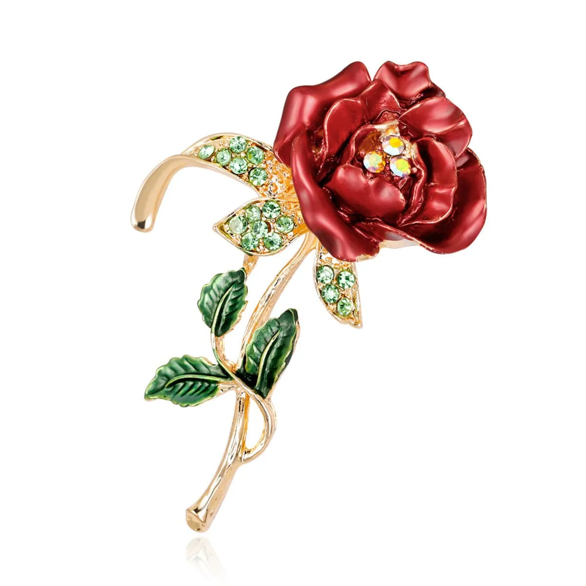 Red Cubic Zirconia & 18K Gold-Plated Rose Brooch
