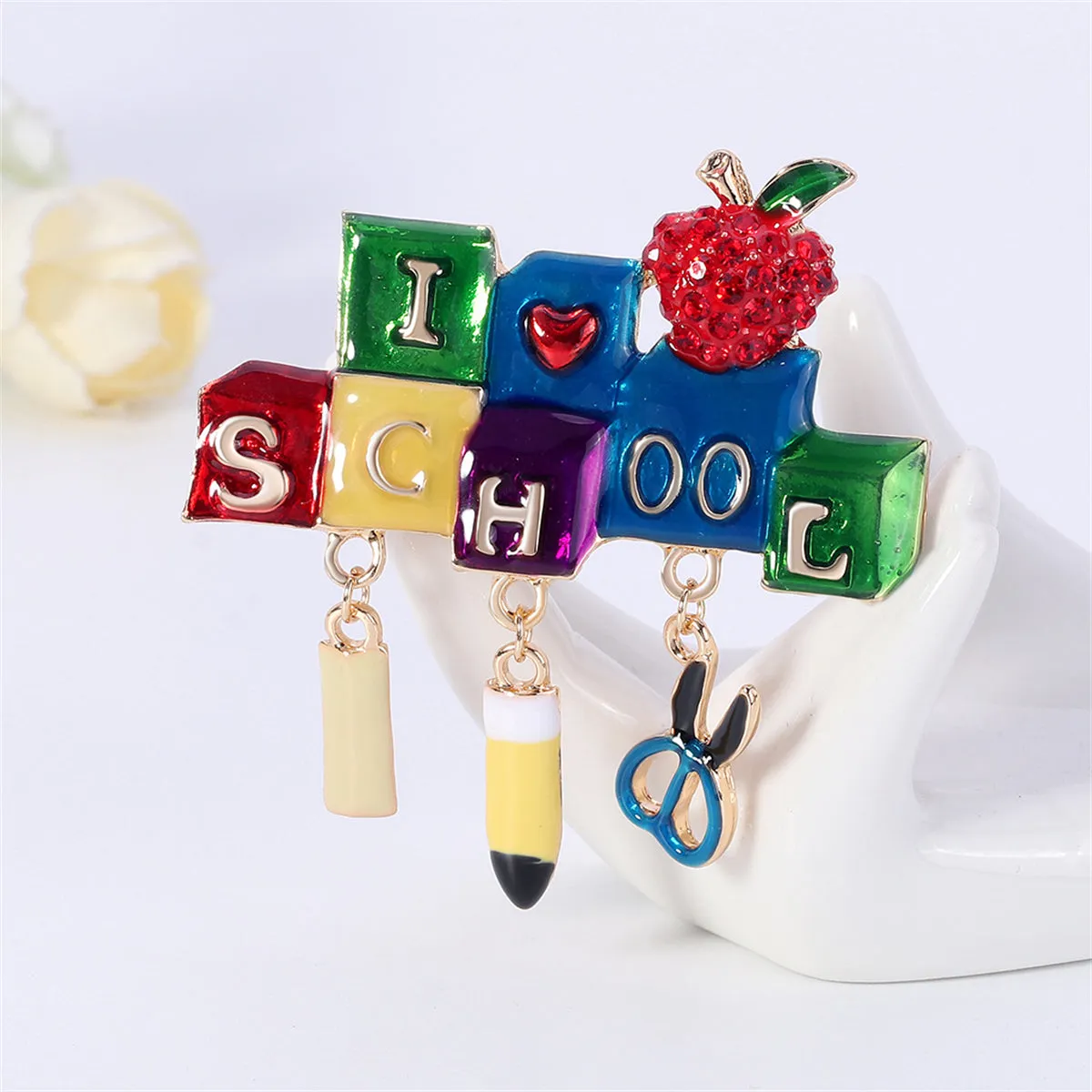 Red Cubic Zirconia & 18k Gold-Plated 'School' Brooch
