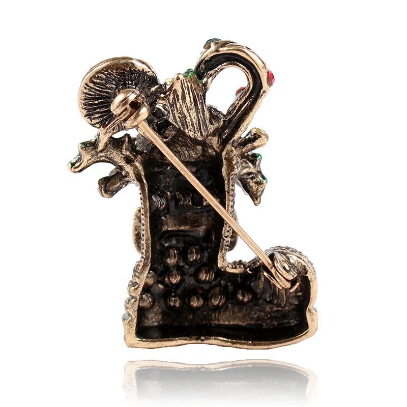 Red Cubic Zirconia & Enamel 18K Gold-Plated Christmas Boots Brooch