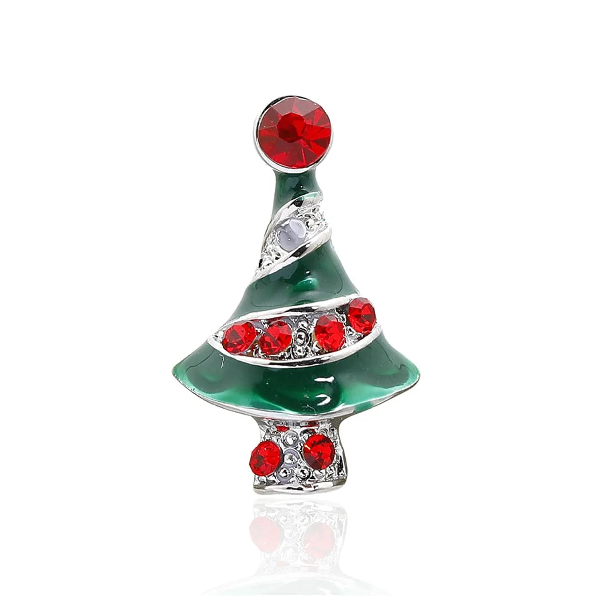Red Cubic Zirconia & Green Enamel Embellished Holiday Tree Brooch