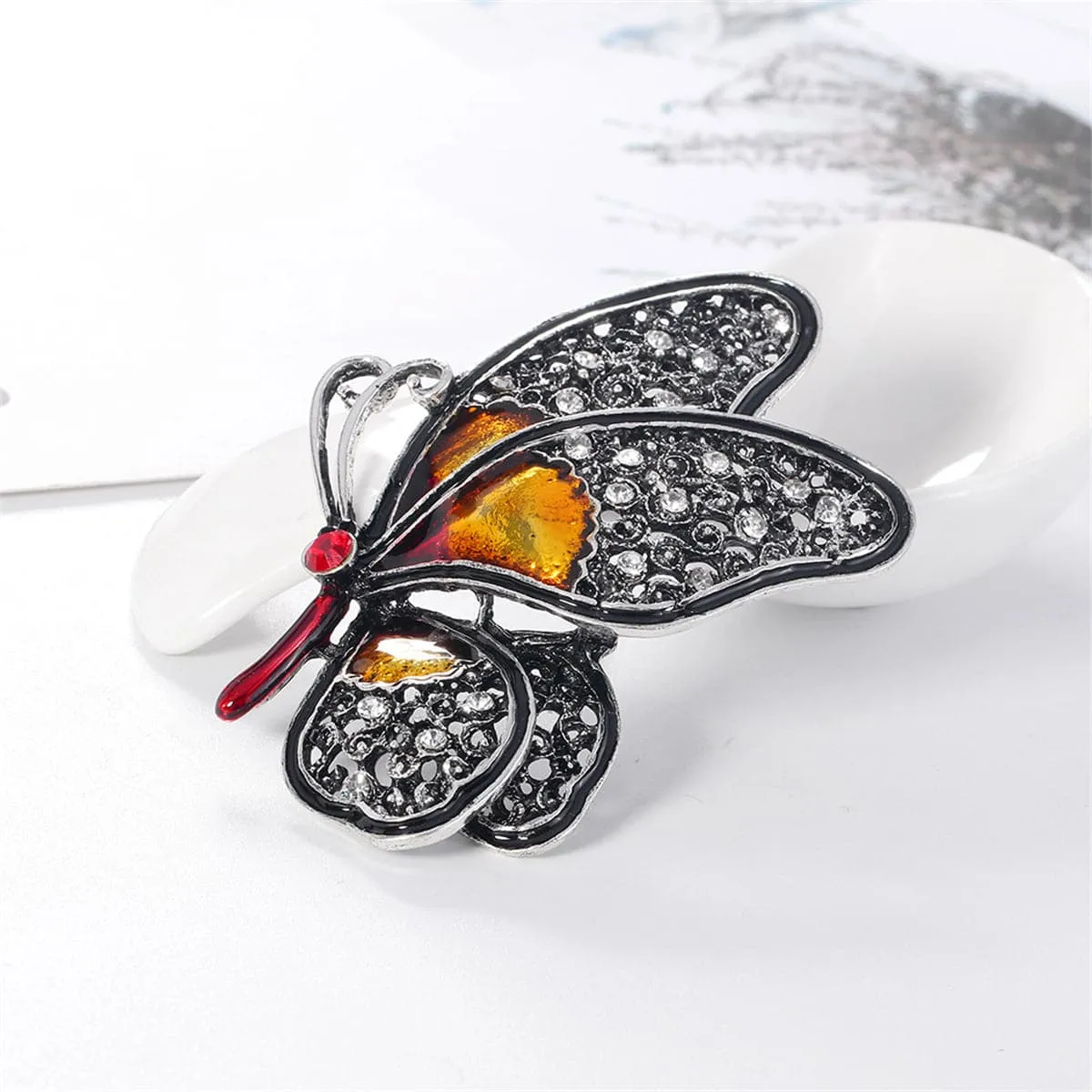 Red Cubic Zirconia & Silver-Plated Butterfly Brooch