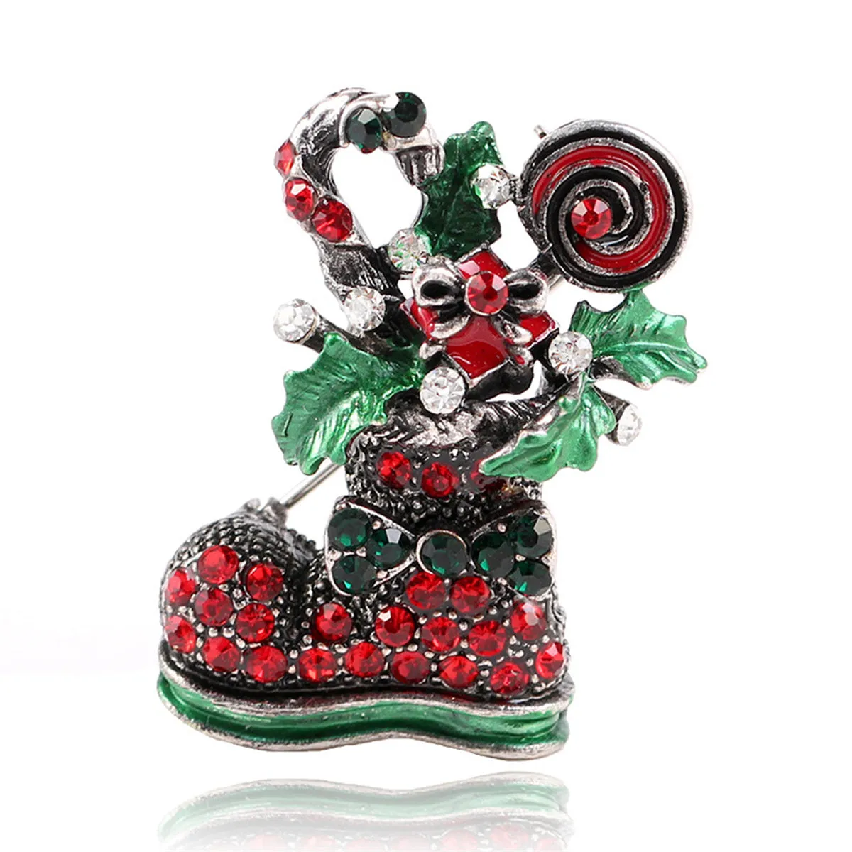 Red Cubic Zirconia & Silver-Plated Christmas Boot Brooch