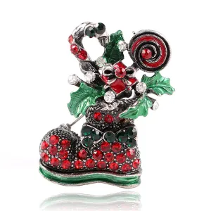 Red Cubic Zirconia & Silver-Plated Christmas Boot Brooch