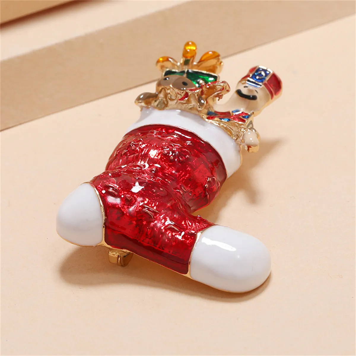 Red Enamel & 18K Gold-Plated Christmas Stocking Brooch