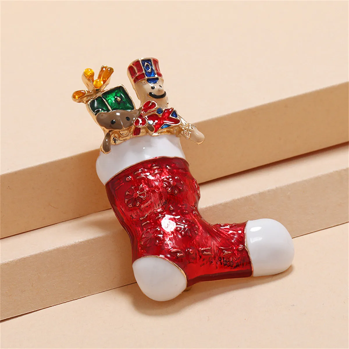 Red Enamel & 18K Gold-Plated Christmas Stocking Brooch
