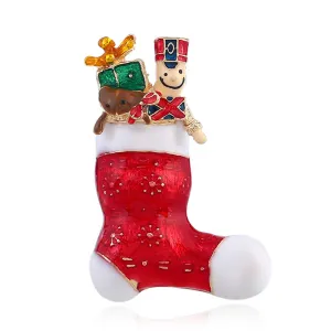 Red Enamel & 18K Gold-Plated Christmas Stocking Brooch