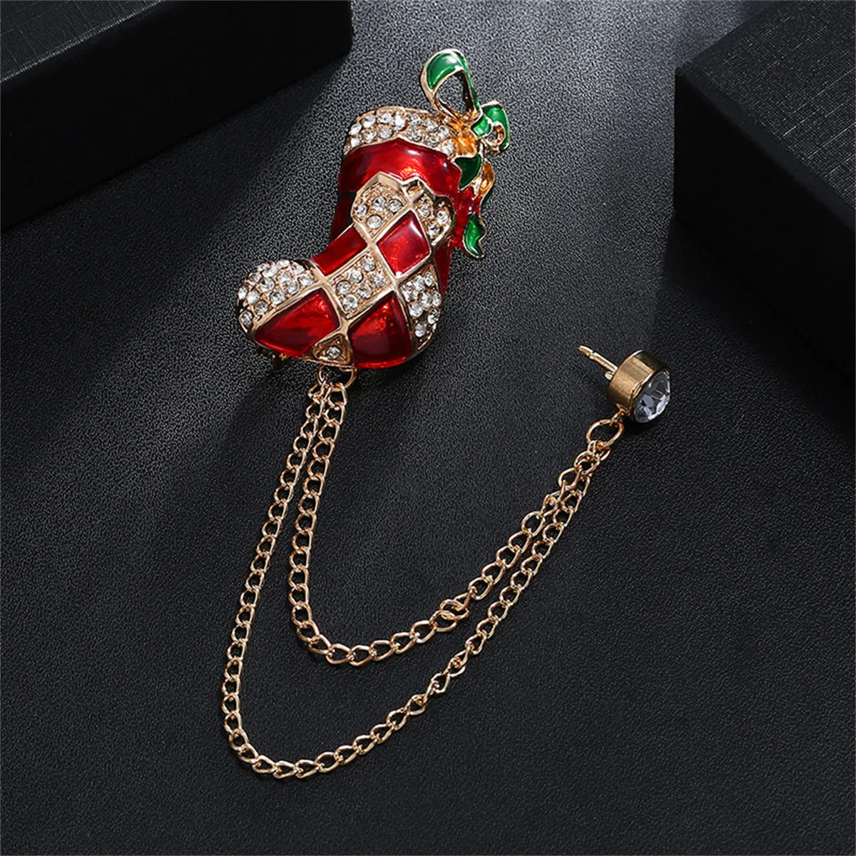 Red Enamel & 18K Gold-Plated Cubic Zirconia-Accent Stocking Chain Brooch