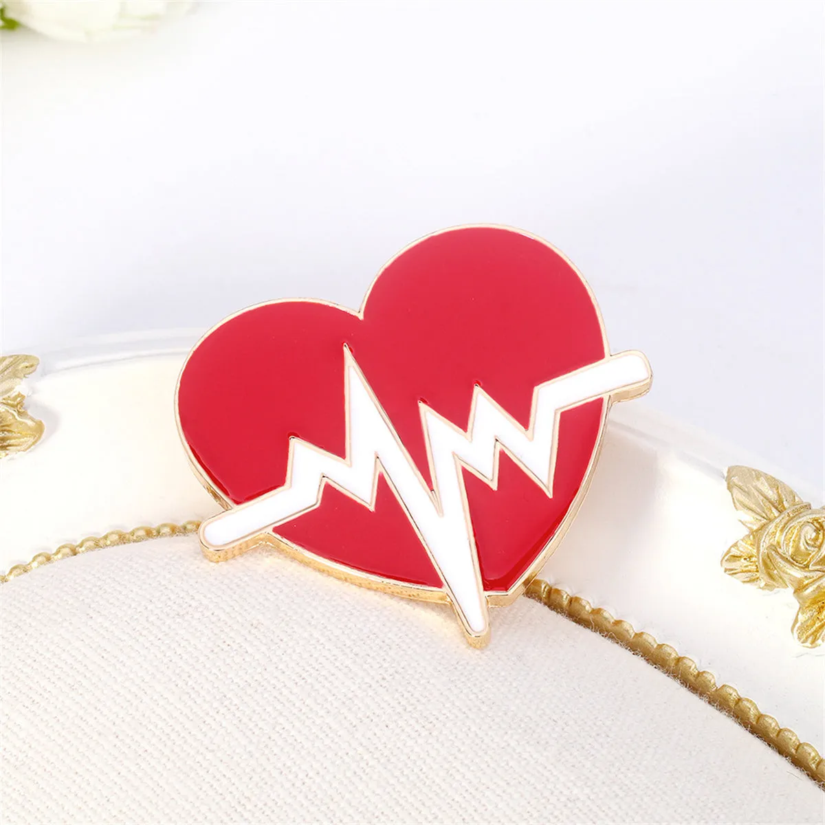 Red Enamel & 18K Gold-Plated Heartbeat Brooch