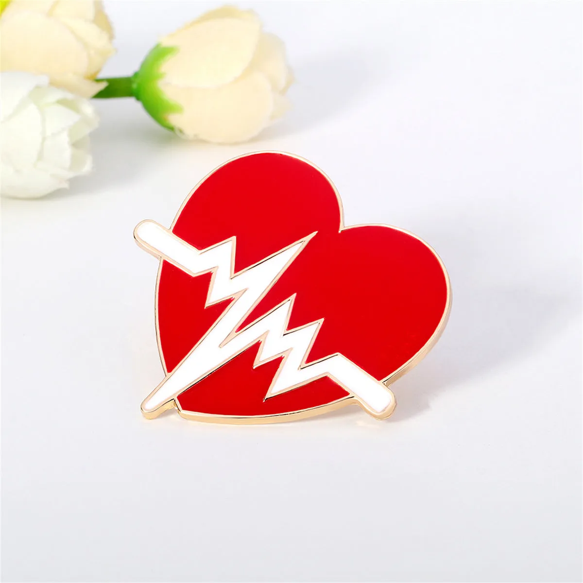 Red Enamel & 18K Gold-Plated Heartbeat Brooch