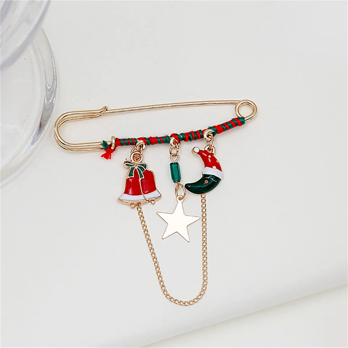 Red Enamel & 18K Gold-Plated Moon & Bell Chain Pin Brooch