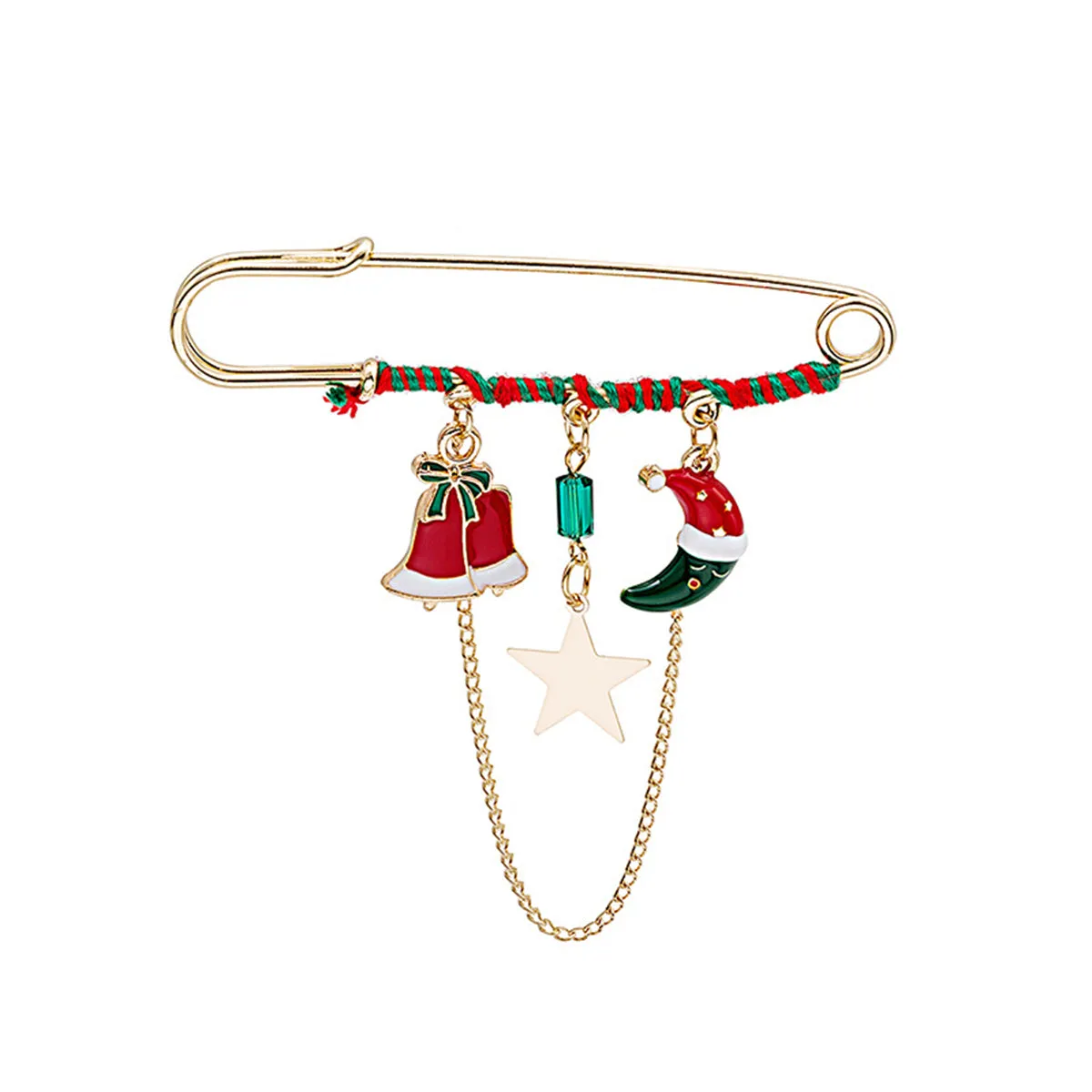 Red Enamel & 18K Gold-Plated Moon & Bell Chain Pin Brooch