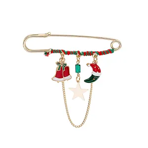 Red Enamel & 18K Gold-Plated Moon & Bell Chain Pin Brooch