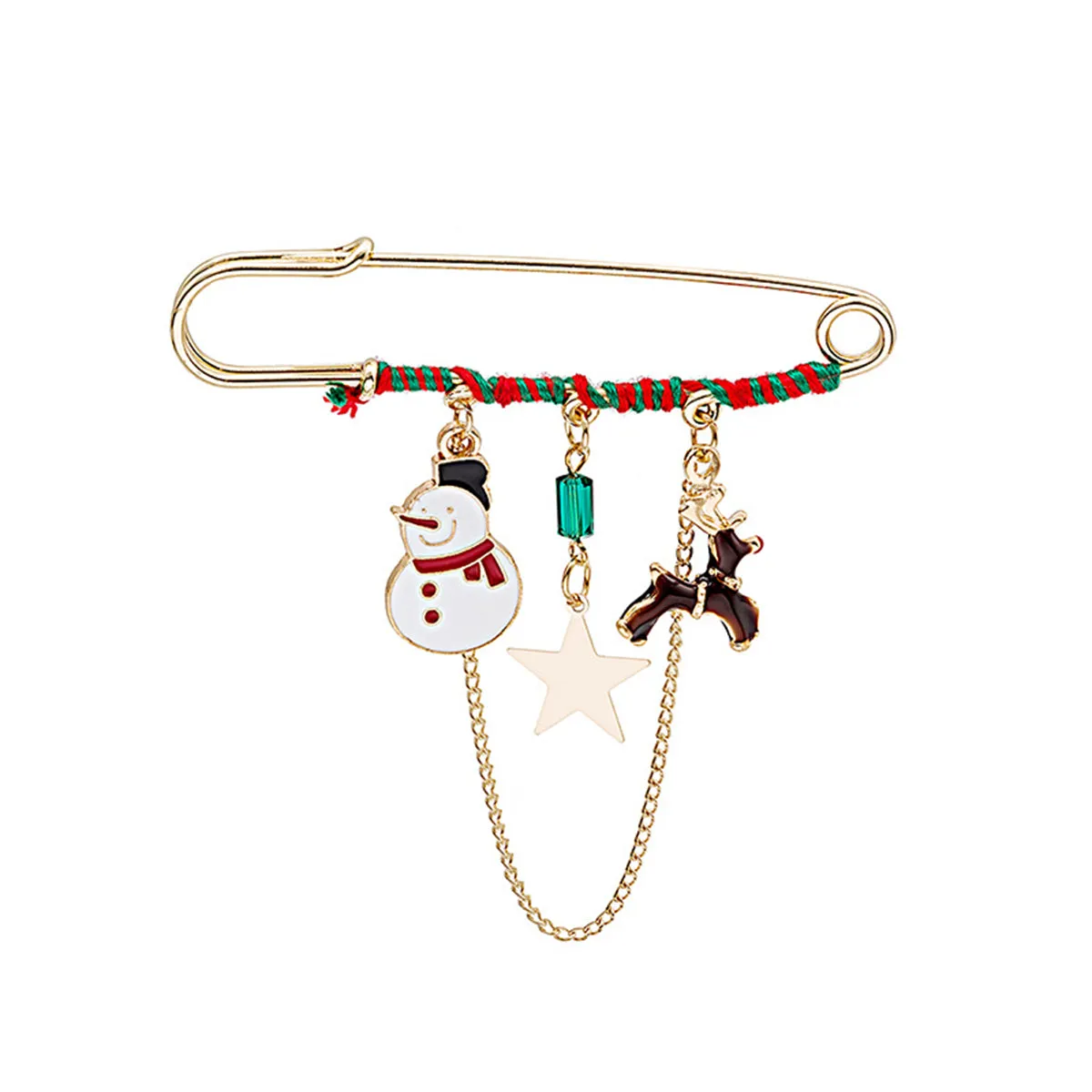 Red Enamel & 18K Gold-Plated Snowman & Reindeer Chain Pin Brooch