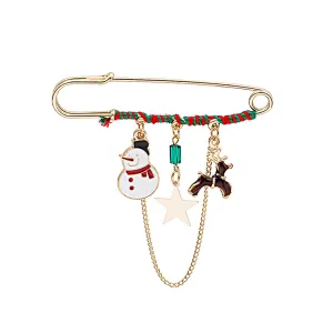 Red Enamel & 18K Gold-Plated Snowman & Reindeer Chain Pin Brooch