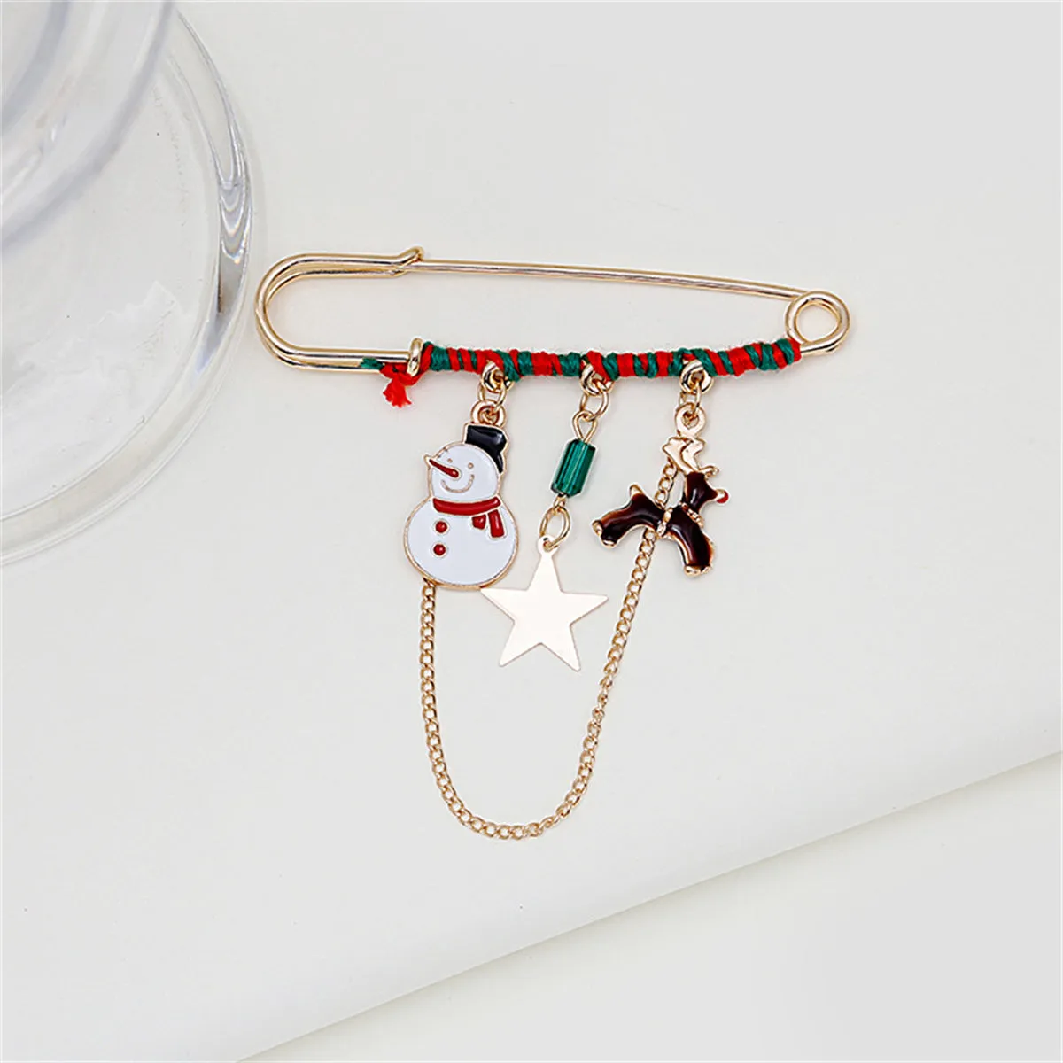 Red Enamel & 18K Gold-Plated Snowman & Reindeer Chain Pin Brooch