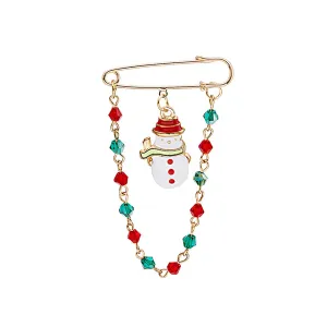 Red Enamel & 18K Gold-Plated Snowman Chain Pin Brooch