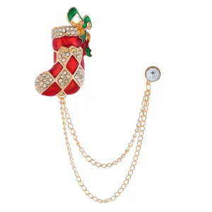 Red Enamel & Cubic Zirconia 18K Gold-Plated Stocking Boot Chain Brooch