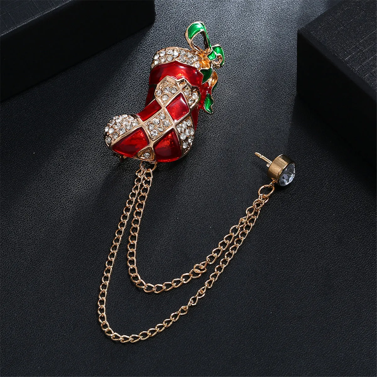 Red Enamel & Cubic Zirconia 18K Gold-Plated Stocking Boot Chain Brooch