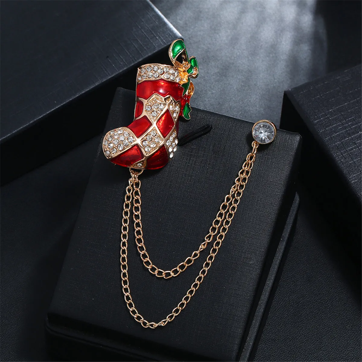 Red Enamel & Cubic Zirconia 18K Gold-Plated Stocking Boot Chain Brooch