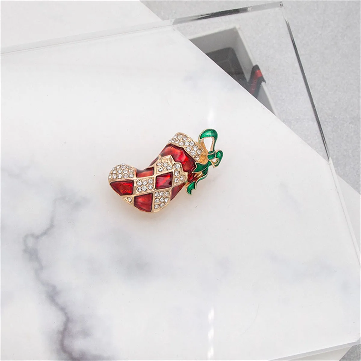 Red Enamel & Cubic Zirconia Christmas Stocking Brooch