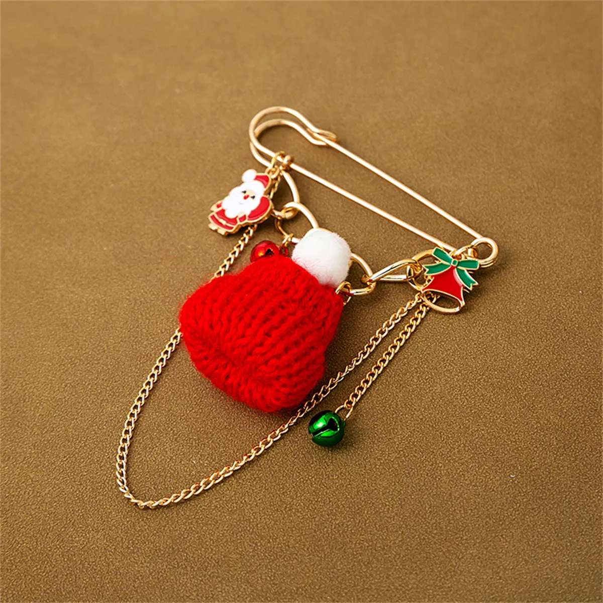 Red Polyester & Enamel 18K Gold-Plated Christmas Hat Santa Bell Brooch