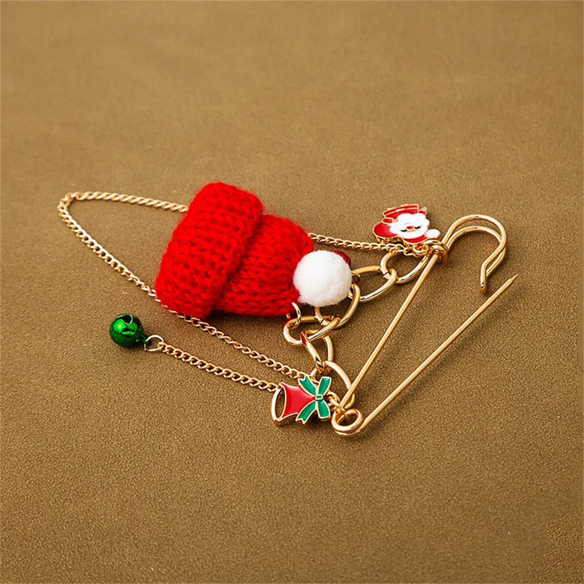 Red Polyester & Enamel 18K Gold-Plated Christmas Hat Santa Bell Brooch