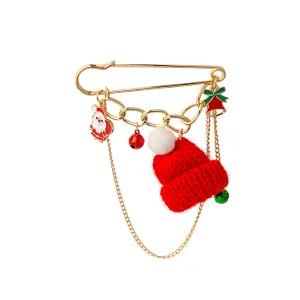 Red Polyester & Enamel 18K Gold-Plated Christmas Hat Santa Bell Brooch
