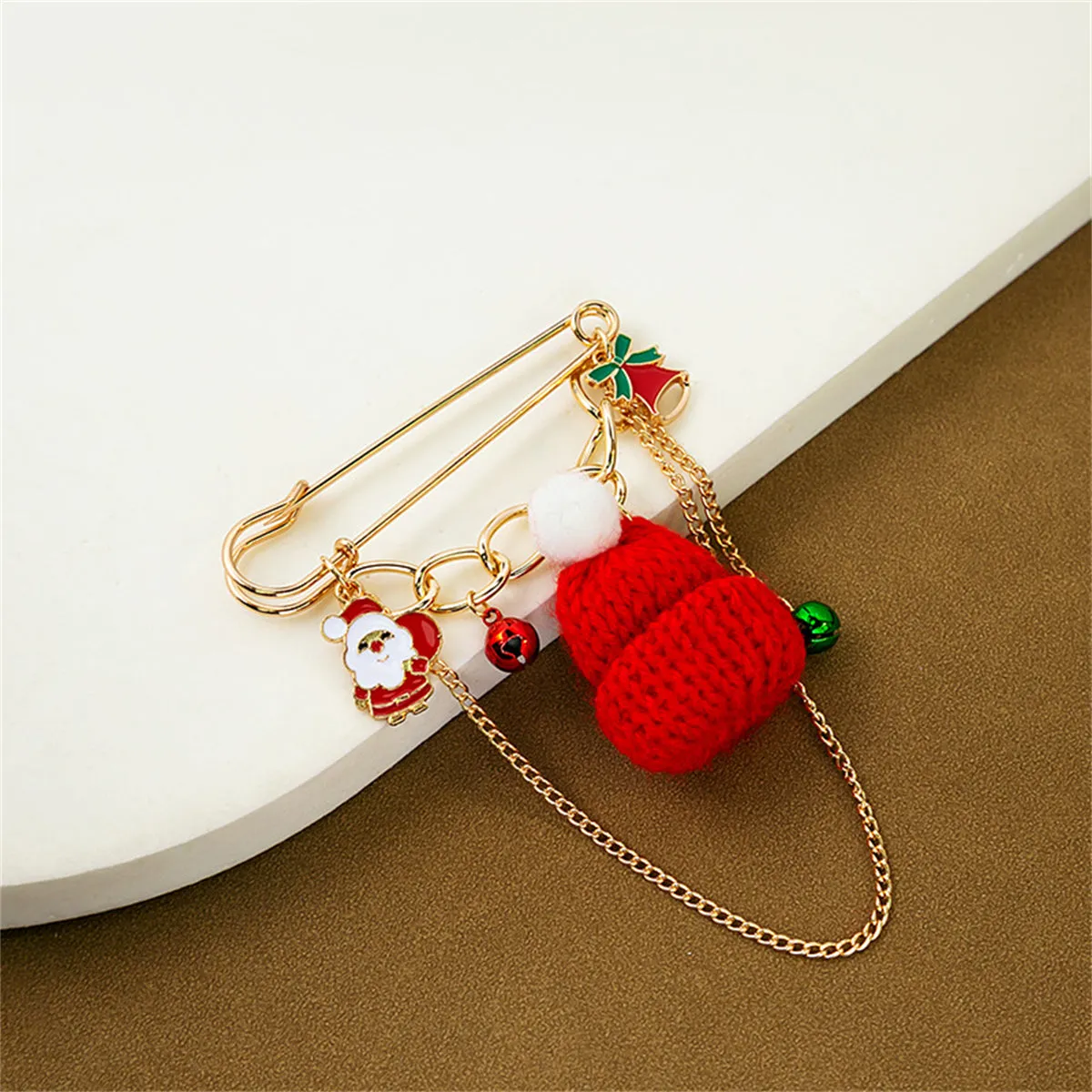 Red Polyester & Enamel 18K Gold-Plated Christmas Hat Santa Bell Brooch
