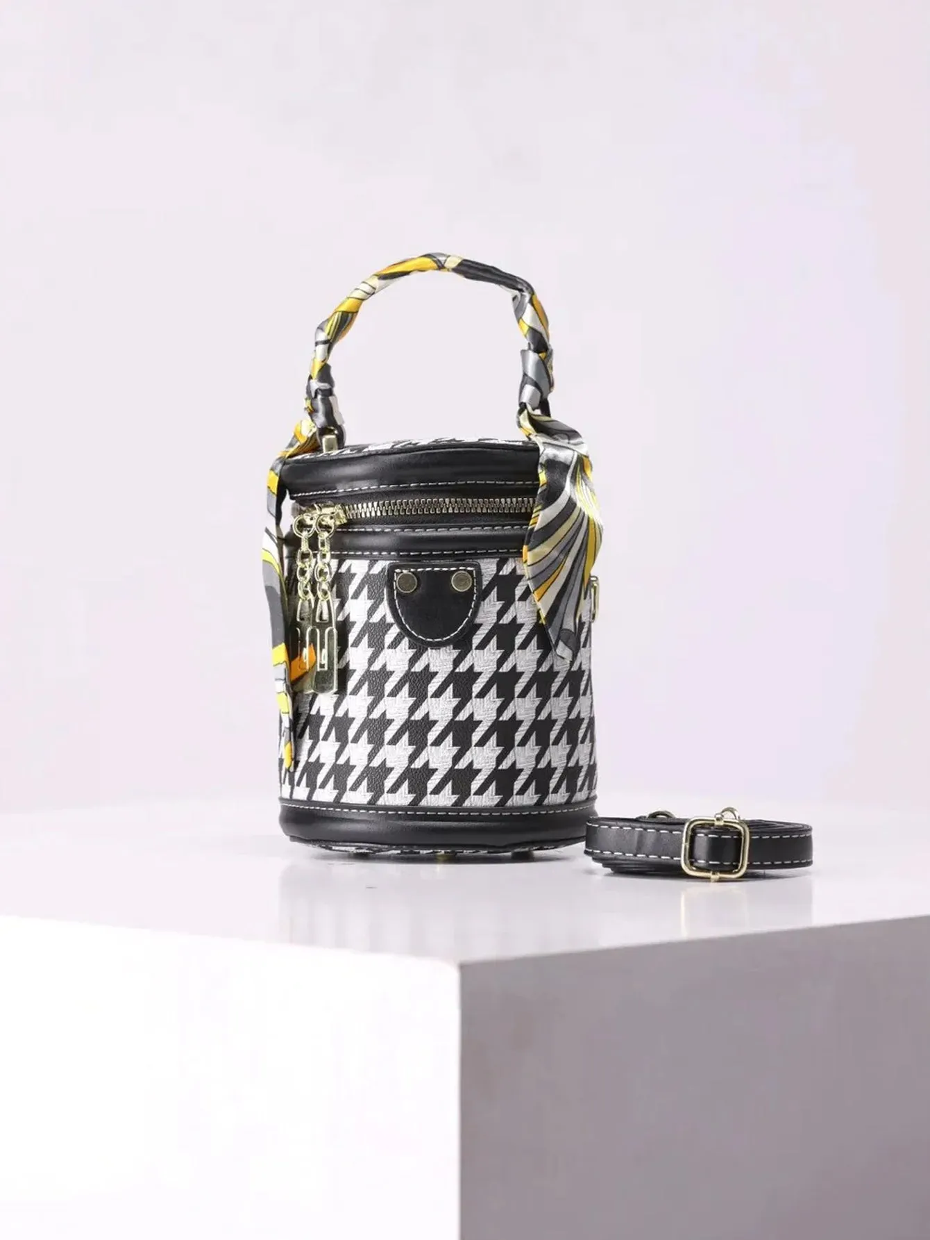 Retro Houndstooth Design Cylinder Bucket Bag - FD ⚡