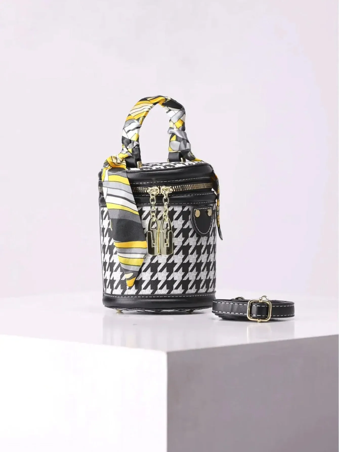 Retro Houndstooth Design Cylinder Bucket Bag - FD ⚡