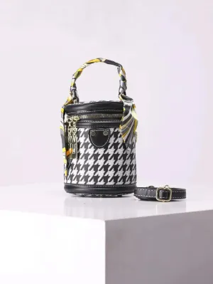 Retro Houndstooth Design Cylinder Bucket Bag - FD ⚡