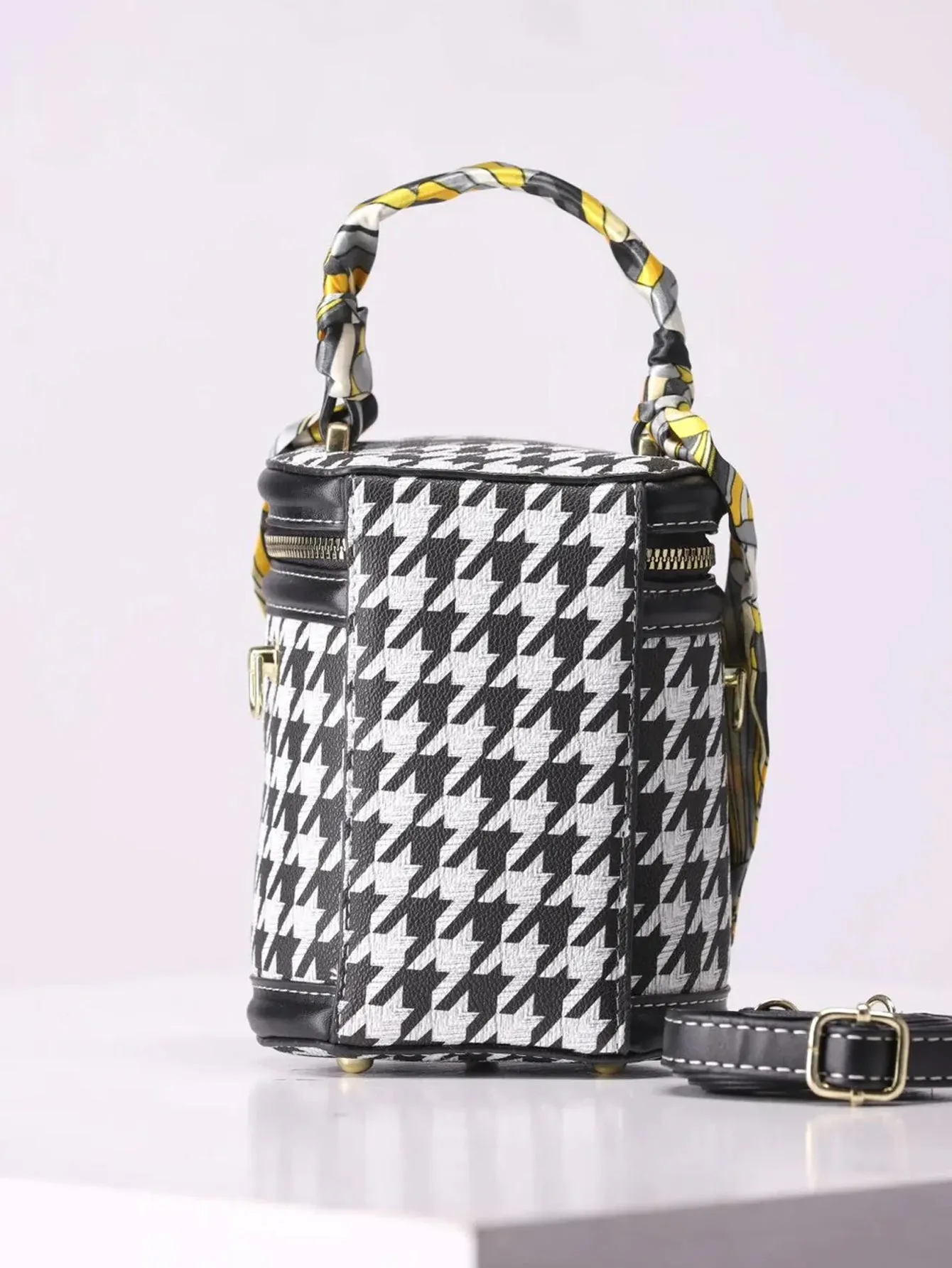 Retro Houndstooth Design Cylinder Bucket Bag - FD ⚡