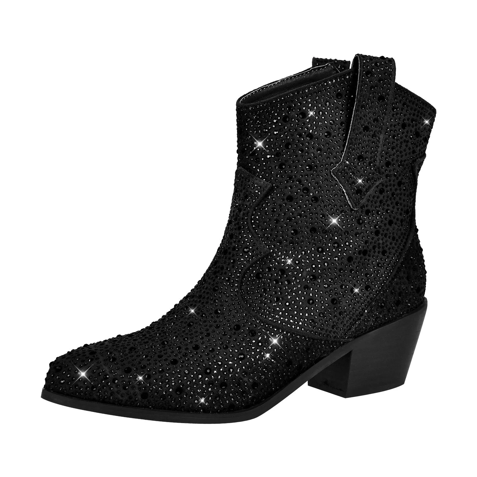 Rhinestone Chunky Heel Western Ankle Boots