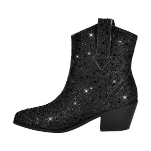 Rhinestone Chunky Heel Western Ankle Boots
