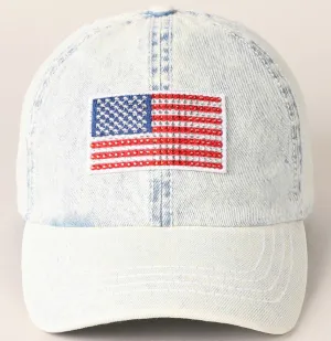 Rhinestone Us Flag Patch Denim Baseball Cap