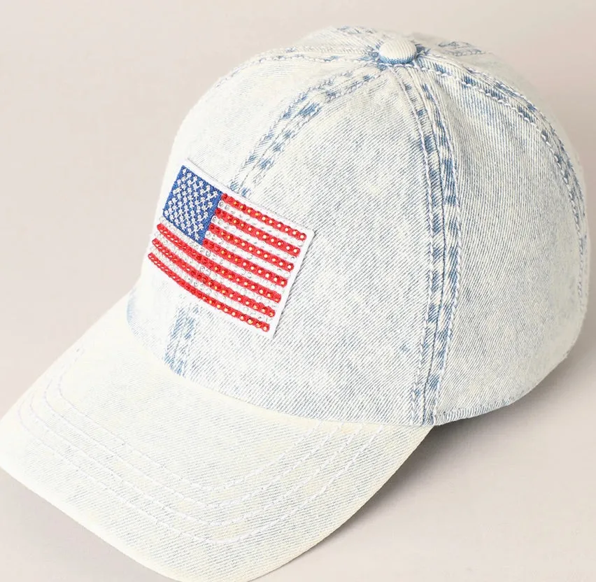 Rhinestone Us Flag Patch Denim Baseball Cap