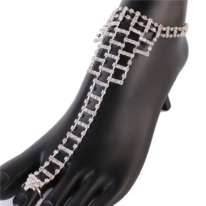Rhinestones  Rectangle Anklet With Ring