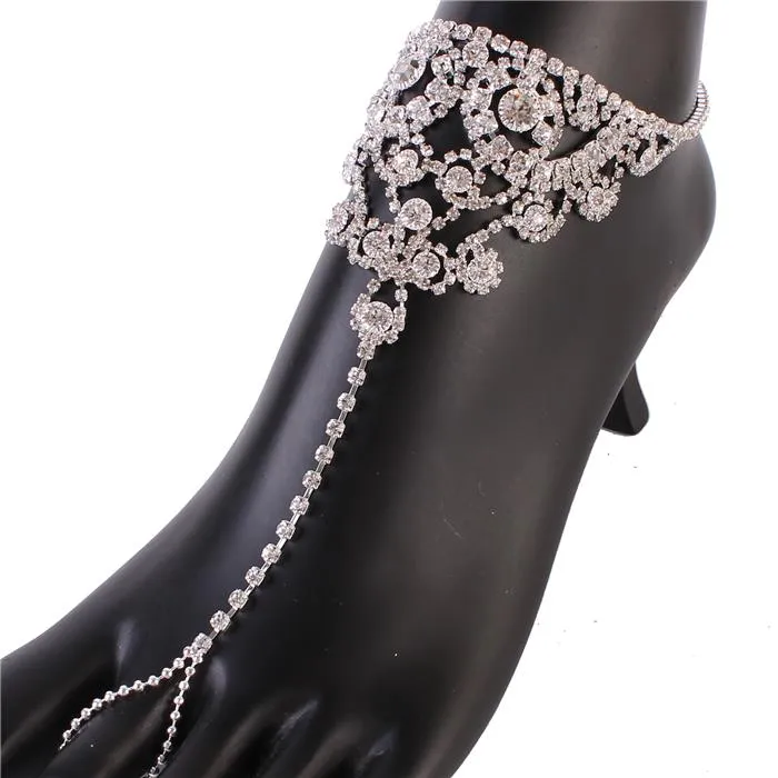 Rhinestones Swirl Round Anklet With Ring