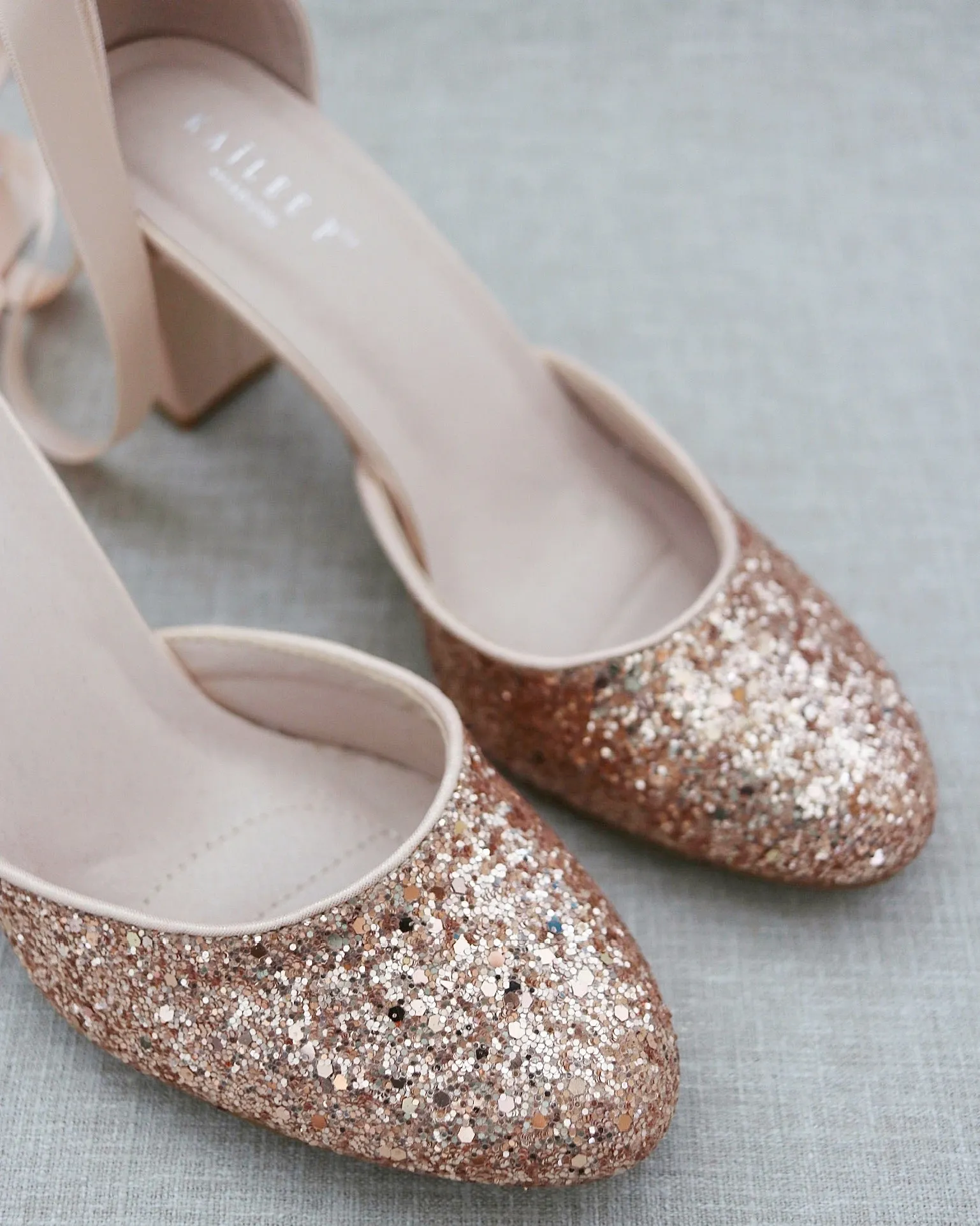 Rock Glitter Block Heel with Blush Wrapped Satin Tie