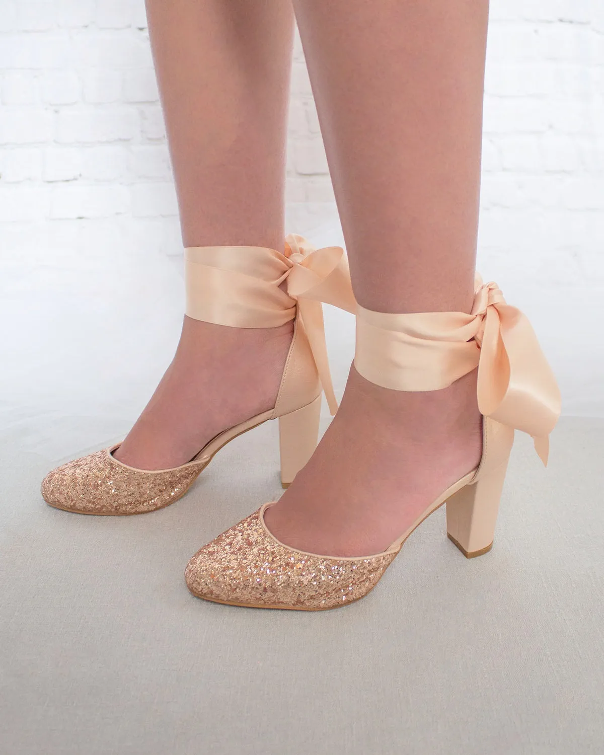 Rock Glitter Block Heel with Blush Wrapped Satin Tie