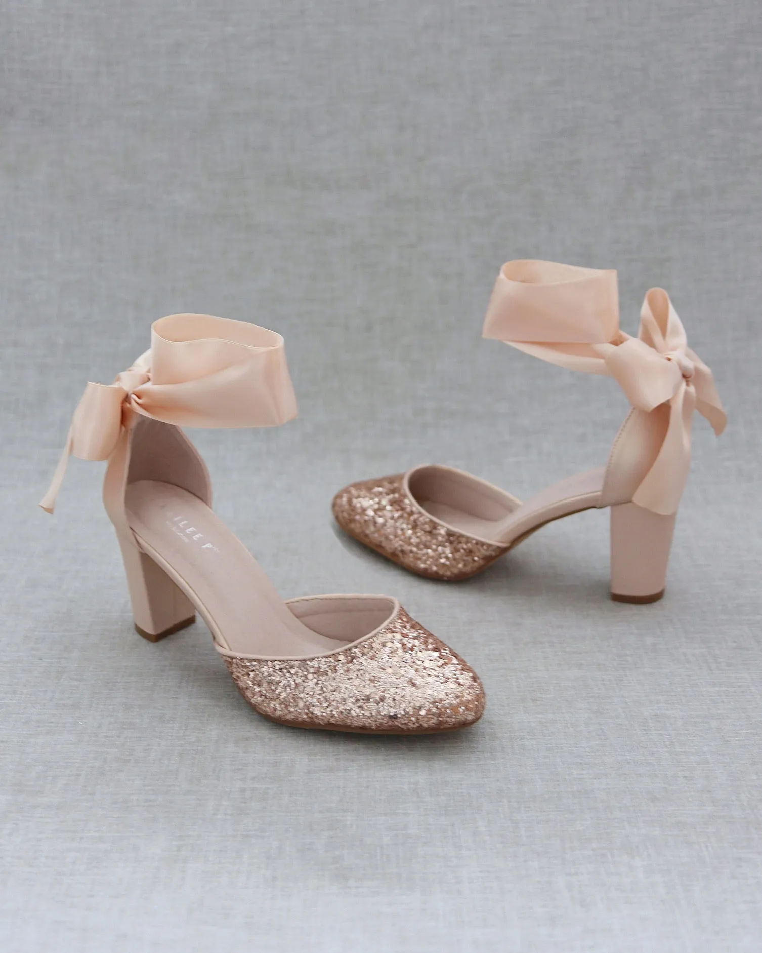 Rock Glitter Block Heel with Blush Wrapped Satin Tie