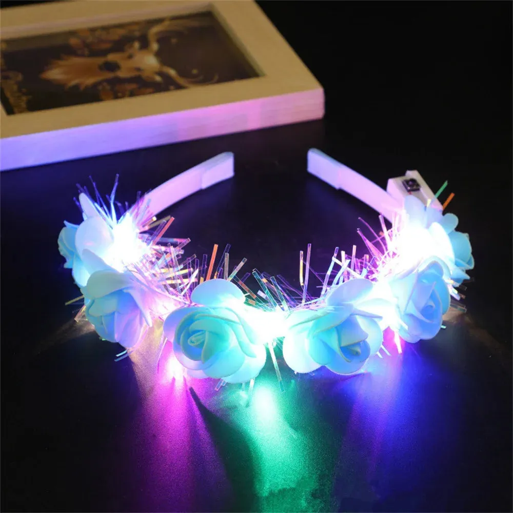 Romantic Glowing Wreath LED Light Rose Flowers Hairband Headpiece For Wedding Party Girl Birthday Favor Luminous Hair Garlands