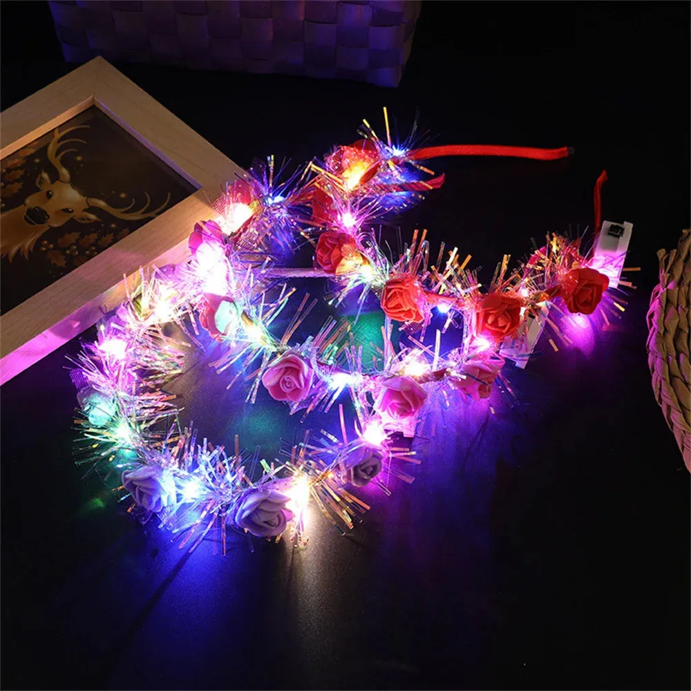 Romantic Glowing Wreath LED Light Rose Flowers Hairband Headpiece For Wedding Party Girl Birthday Favor Luminous Hair Garlands