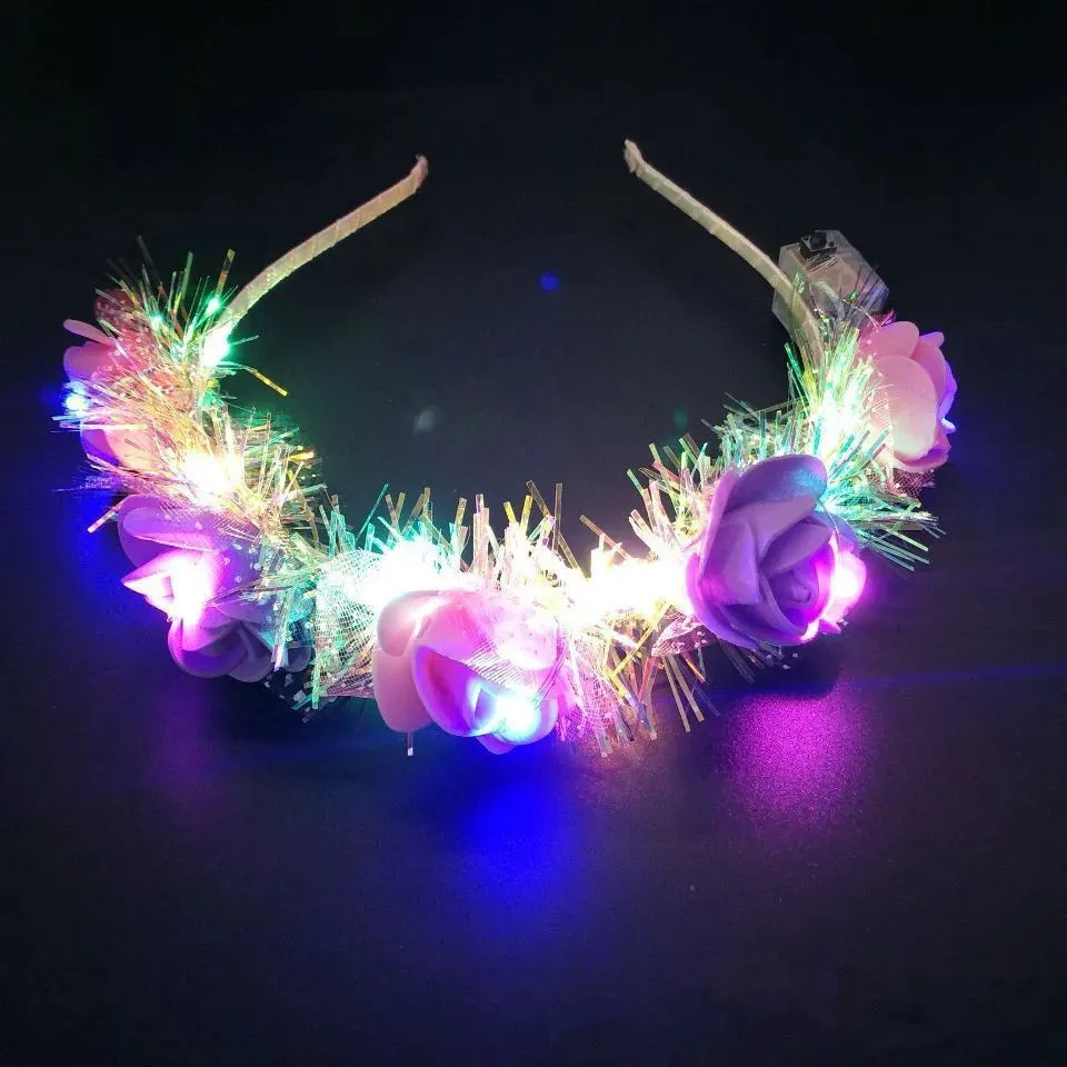 Romantic Glowing Wreath LED Light Rose Flowers Hairband Headpiece For Wedding Party Girl Birthday Favor Luminous Hair Garlands