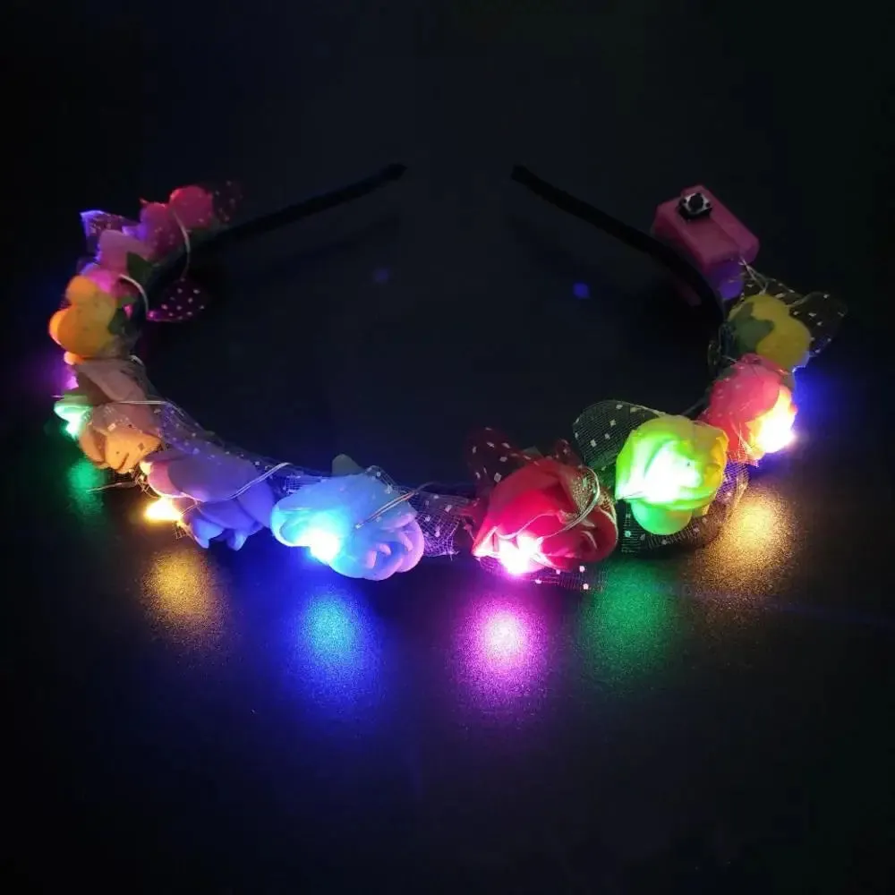 Romantic Glowing Wreath LED Light Rose Flowers Hairband Headpiece For Wedding Party Girl Birthday Favor Luminous Hair Garlands
