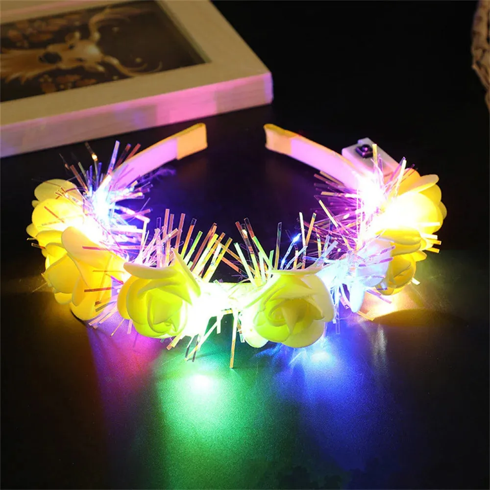 Romantic Glowing Wreath LED Light Rose Flowers Hairband Headpiece For Wedding Party Girl Birthday Favor Luminous Hair Garlands