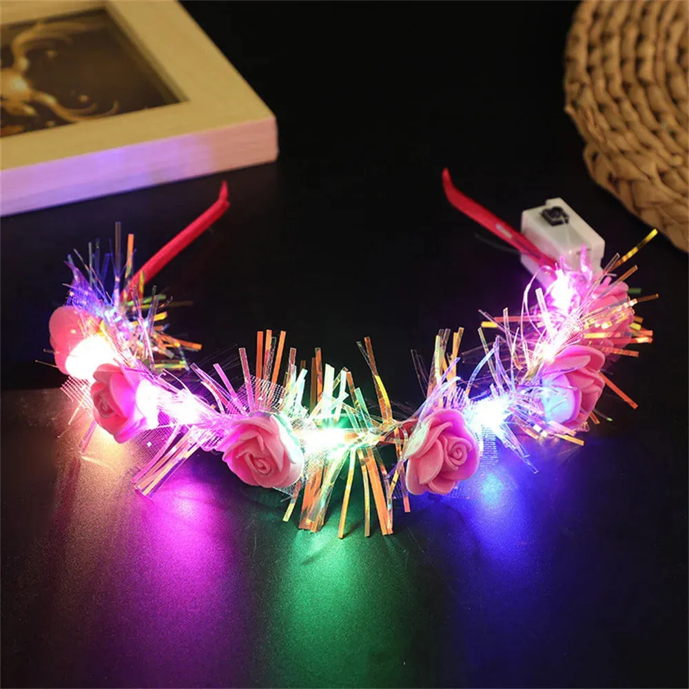 Romantic Glowing Wreath LED Light Rose Flowers Hairband Headpiece For Wedding Party Girl Birthday Favor Luminous Hair Garlands